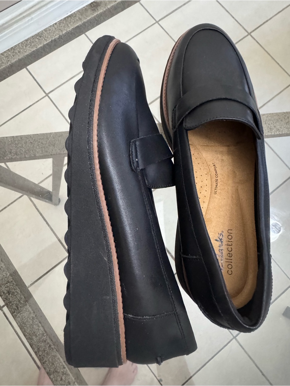 Clarks Ultimate Comfort Black Leather Penny Loafer Platform Wedge Size 12 W